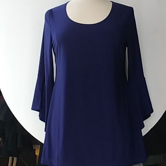 Slinky Brand Navy Blue Long Top or Micro Mini Dress Flared Bell Sleeves … - Picture 1 of 10
